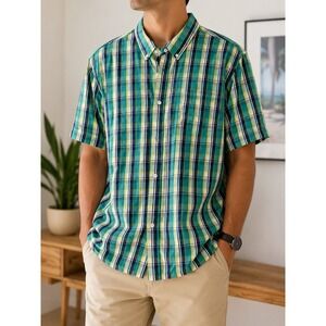 Men's Casual Button Down Short Sleeve Plaid Shirt Green Blue Yellow 2XL...